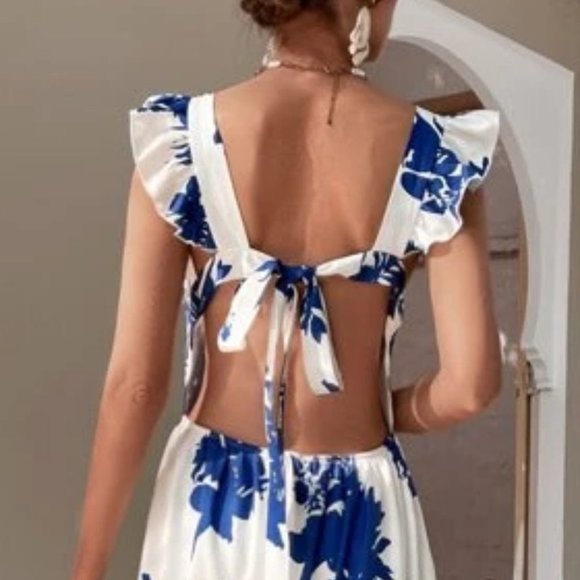 Boho floral butterfly sleeve ruffle hem tie back dress blue white - Picture 5 of 7